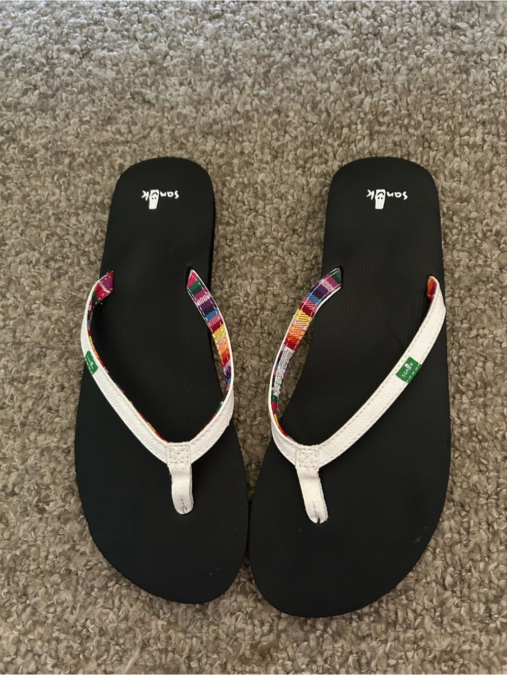 Sanuk Women's Black Sandals with White Straps and Multi-Color Accent